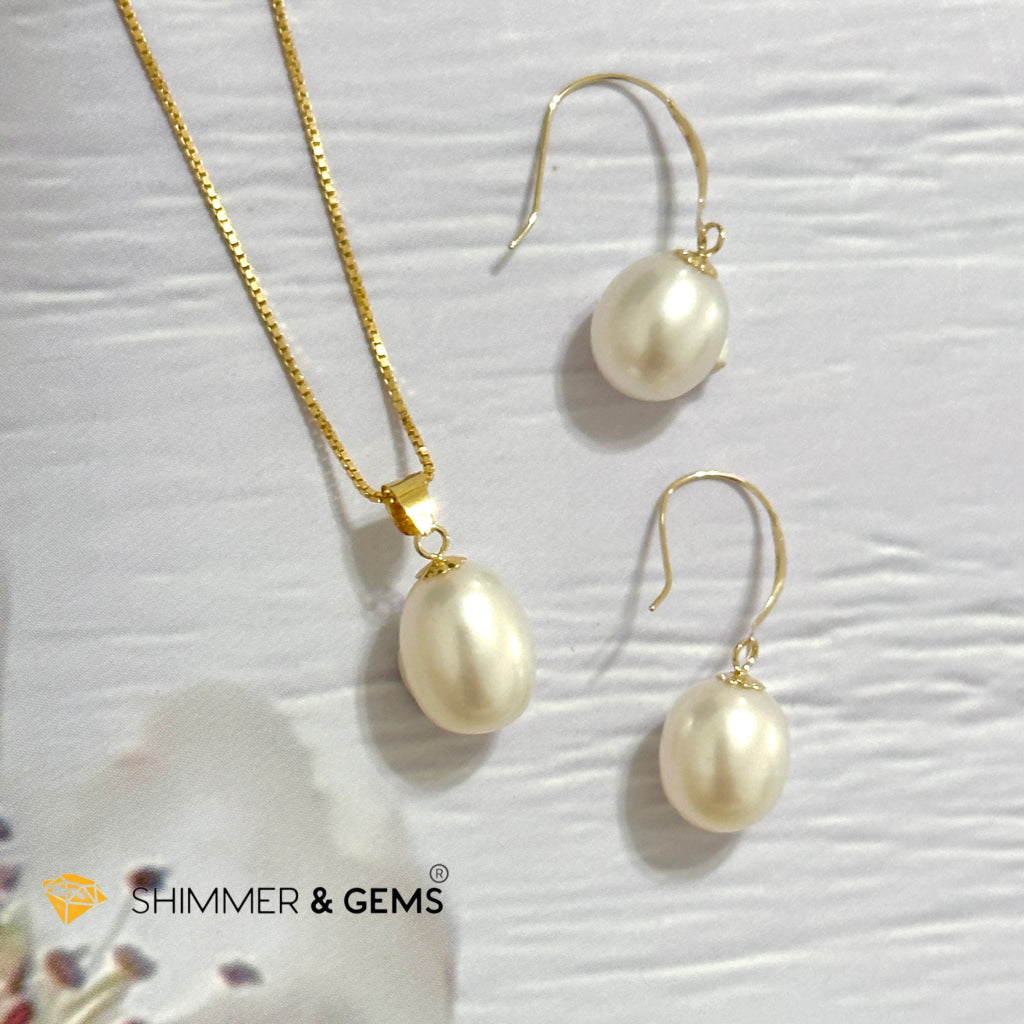 Freshwater Pearl 8mm AAA Grade Drop Shape 18K Real Gold Dangling Earrings and Pendant