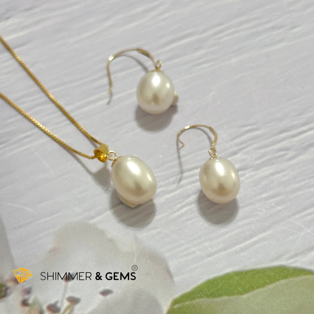 Freshwater Pearl 8mm AAA Grade Drop Shape 18K Real Gold Dangling Earrings and Pendant