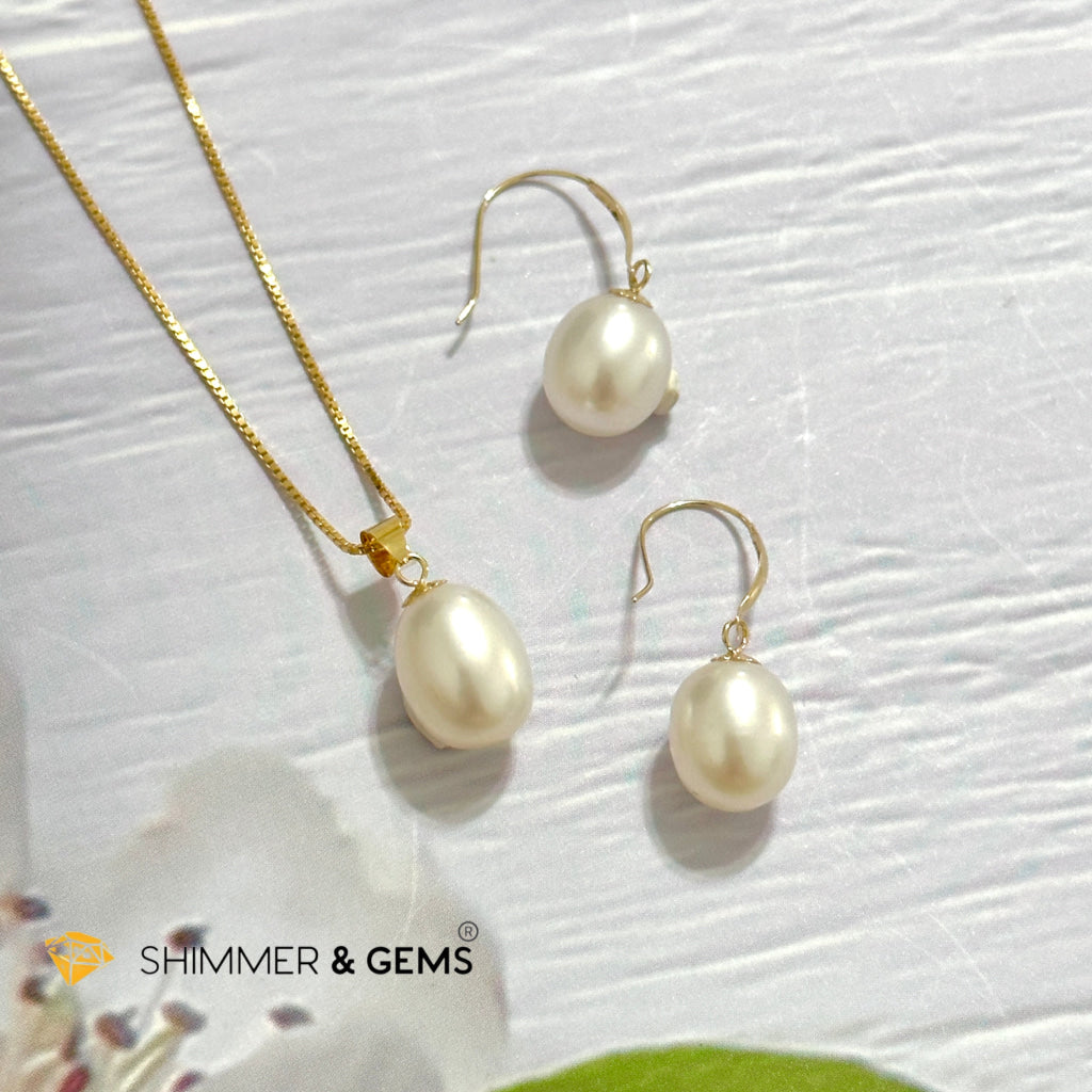 Freshwater Pearl 8mm AAA Grade Drop Shape 18K Real Gold Dangling Earrings and Pendant