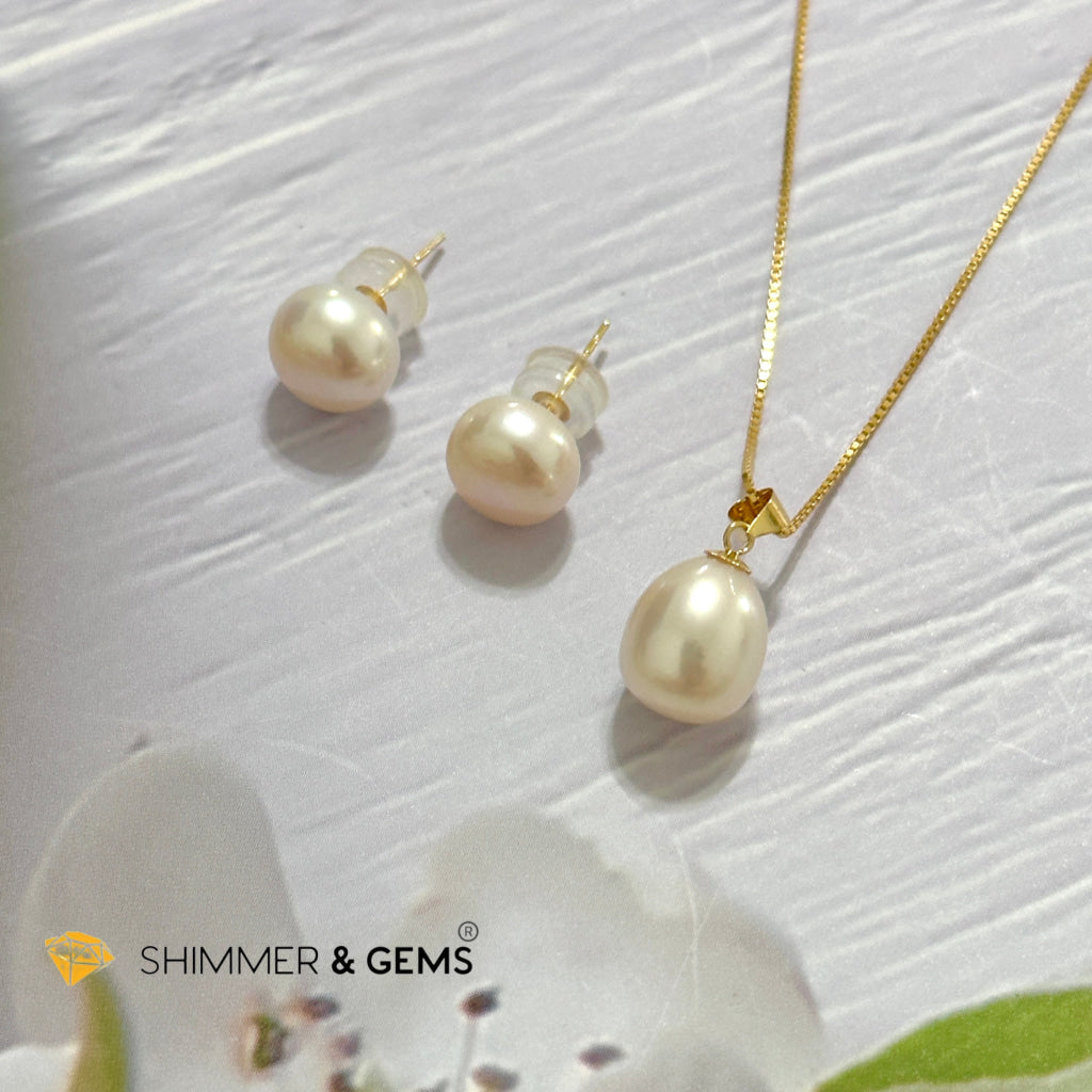 Freshwater Pearl 8mm AAA Grade Drop Shape 18K Real Gold Stud Earrings and Pendant
