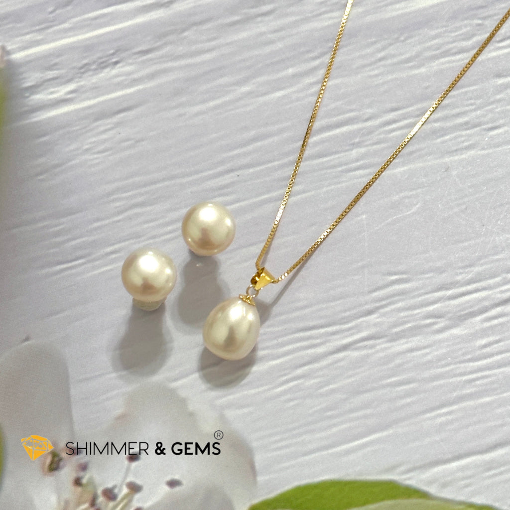 Freshwater Pearl 8mm AAA Grade Drop Shape 18K Real Gold Stud Earrings and Pendant
