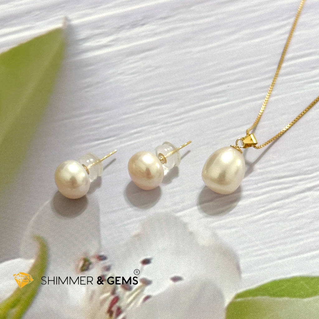Freshwater Pearl 8mm AAA Grade Drop Shape 18K Real Gold Stud Earrings and Pendant