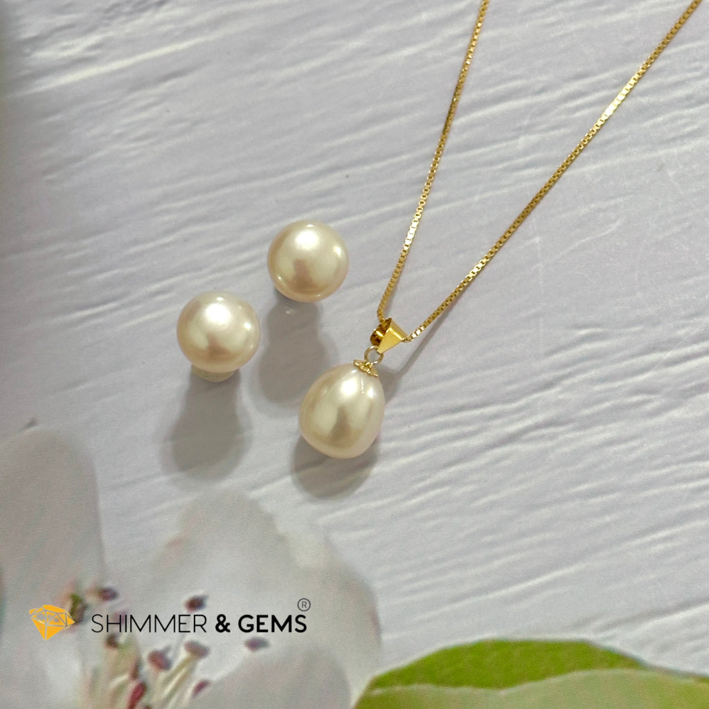 Freshwater Pearl 8mm AAA Grade Drop Shape 18K Real Gold Stud Earrings and Pendant