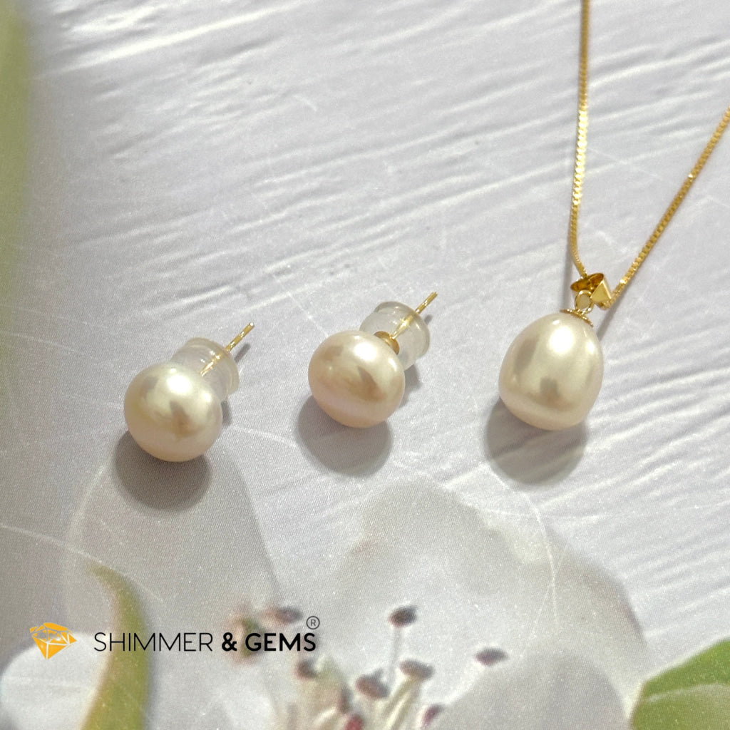 Freshwater Pearl 8mm AAA Grade Drop Shape 18K Real Gold Stud Earrings and Pendant