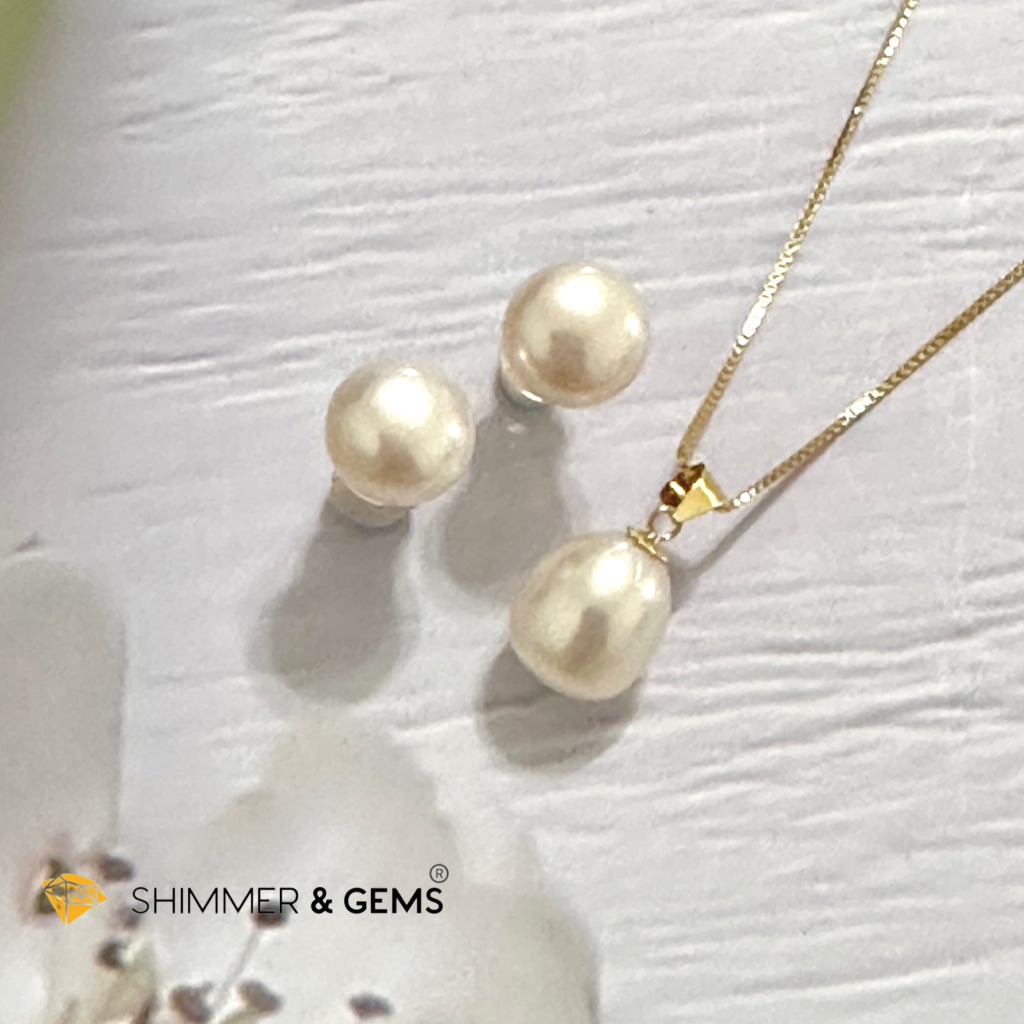 Freshwater Pearl 8mm AAA Grade Drop Shape 18K Real Gold Stud Earrings and Pendant