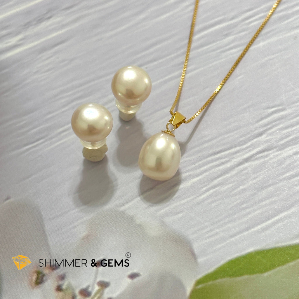 Freshwater Pearl 8mm AAA Grade Drop Shape 18K Real Gold Stud Earrings and Pendant