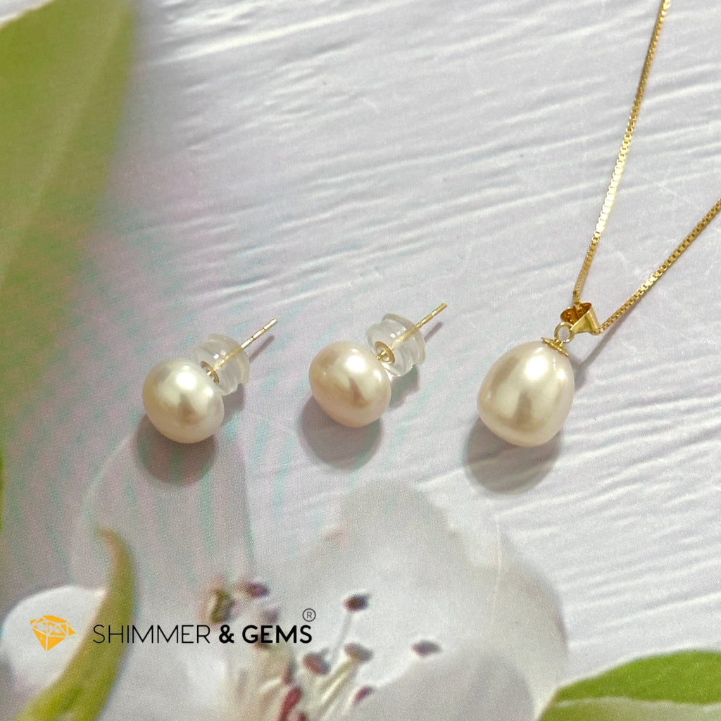 Freshwater Pearl 8mm AAA Grade Drop Shape 18K Real Gold Stud Earrings and Pendant