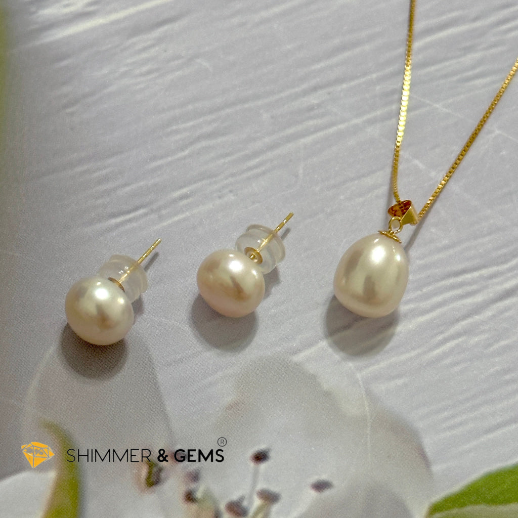 Freshwater Pearl 8mm AAA Grade Drop Shape 18K Real Gold Stud Earrings and Pendant