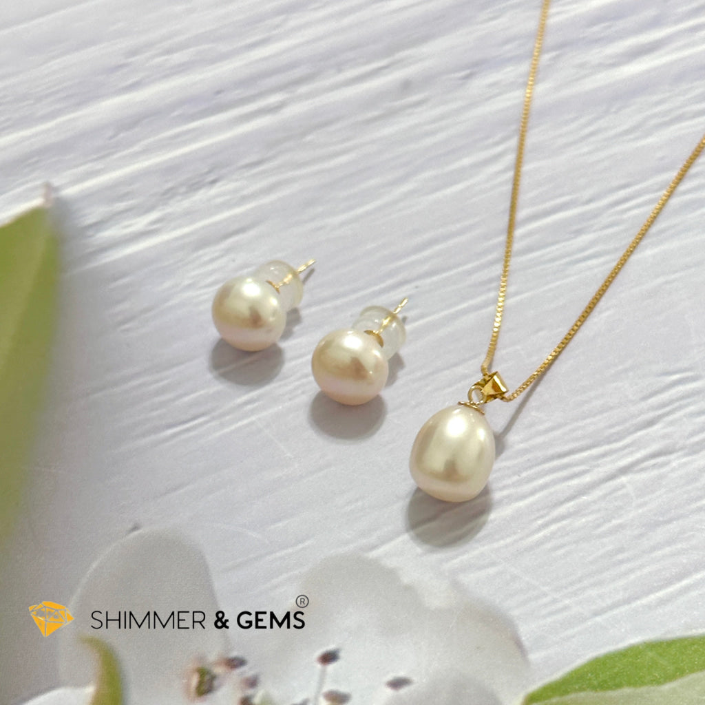 Freshwater Pearl 8mm AAA Grade Drop Shape 18K Real Gold Stud Earrings and Pendant