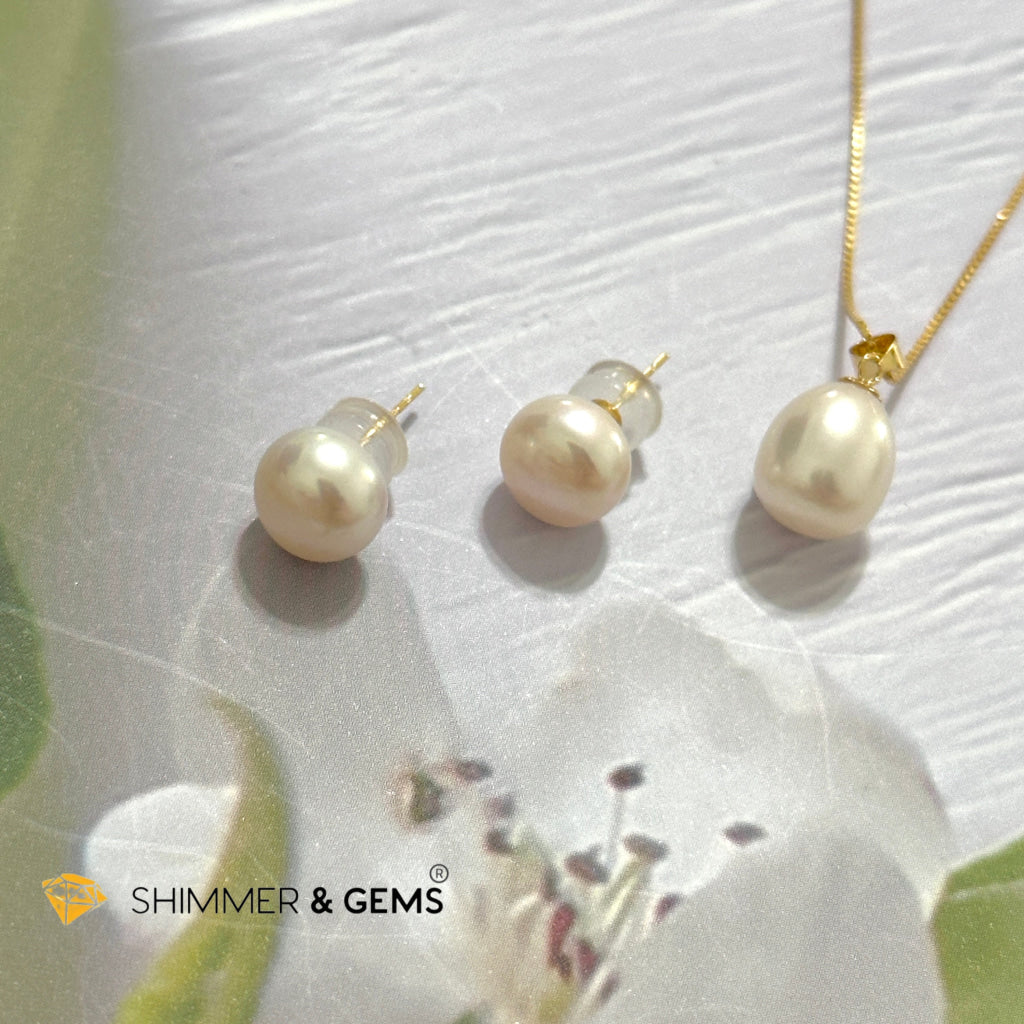 Freshwater Pearl 8mm AAA Grade Drop Shape 18K Real Gold Stud Earrings and Pendant