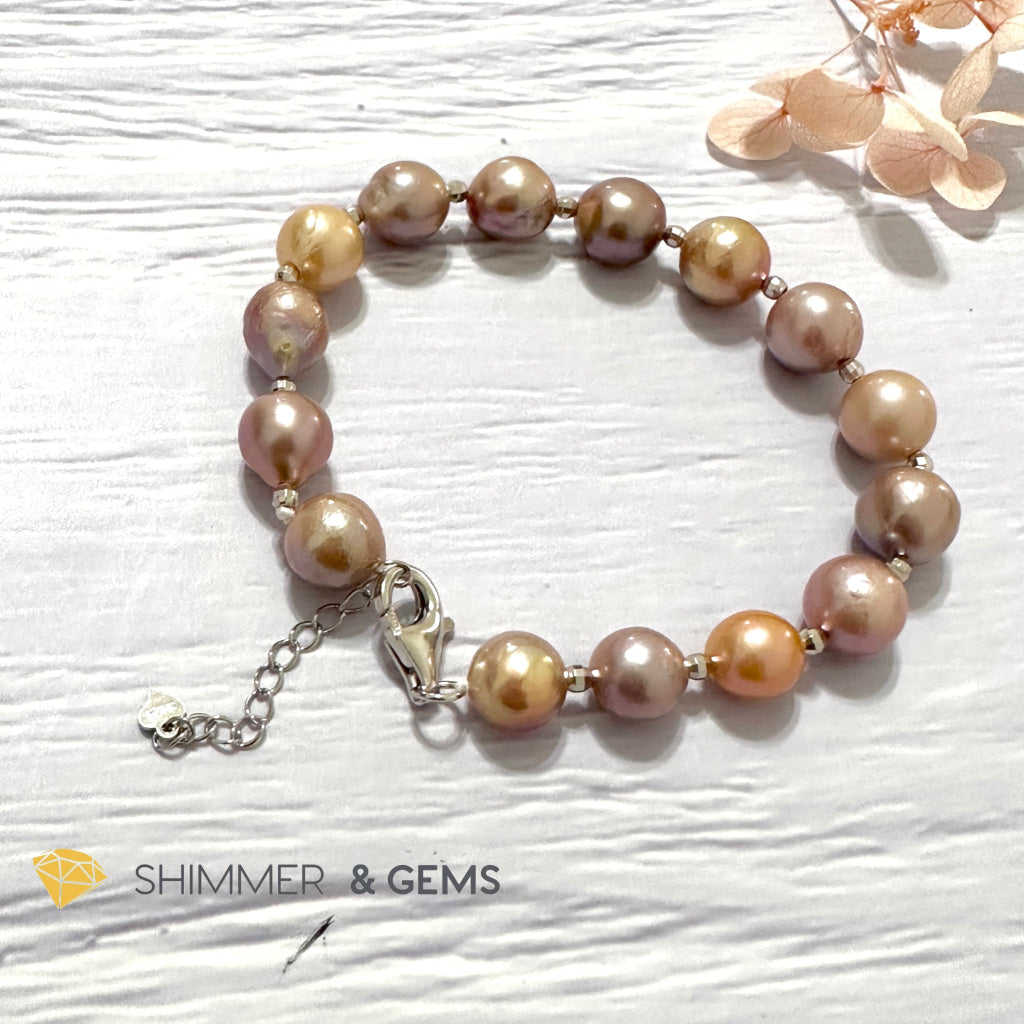 Freshwater Pearl 9-10mm Baroque Mixed Colour 925 Silver Bracelet (adjustable) AAGrade