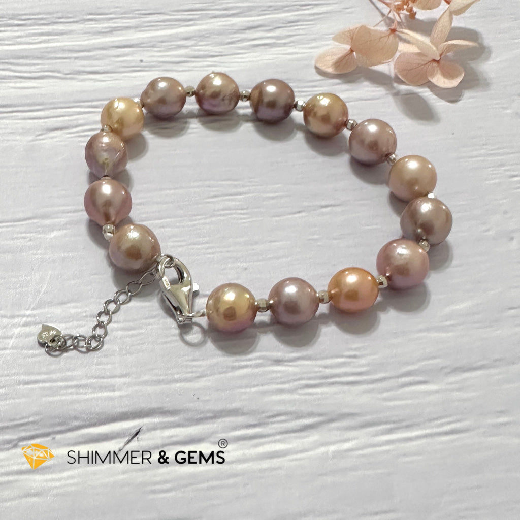 Freshwater Pearl 9-10mm Baroque Mixed Colour 925 Silver Bracelet (adjustable) AAGrade