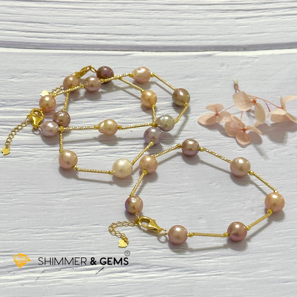 Freshwater Pearl 9-10mm Baroque Mixed Colour 925 Silver Gold Bracelet (adjustable) AAGrade