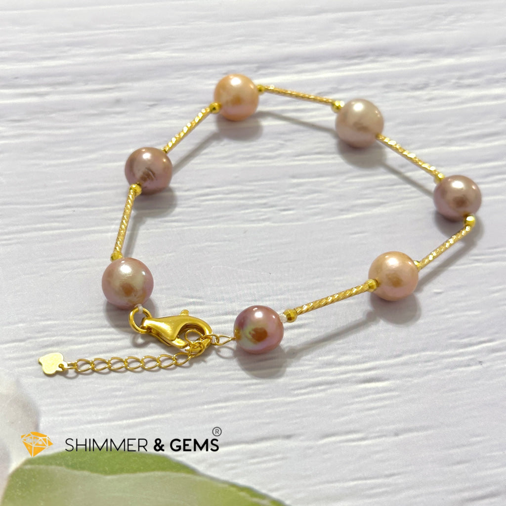 Freshwater Pearl 9-10mm Baroque Mixed Colour 925 Silver Gold Bracelet (adjustable) AAGrade