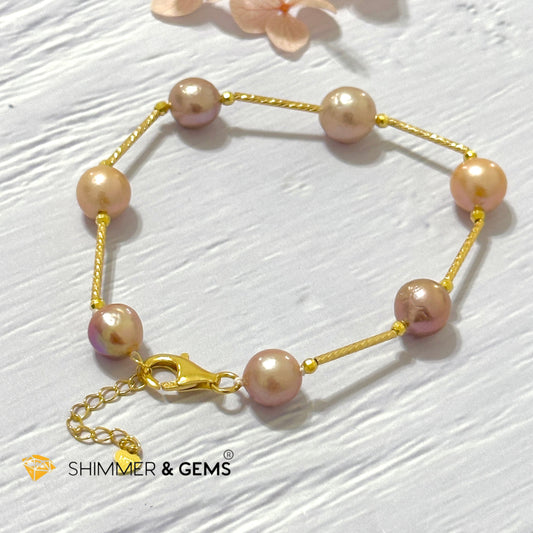 Freshwater Pearl 9-10mm Baroque Mixed Colour 925 Silver Gold Bracelet (adjustable) AAGrade