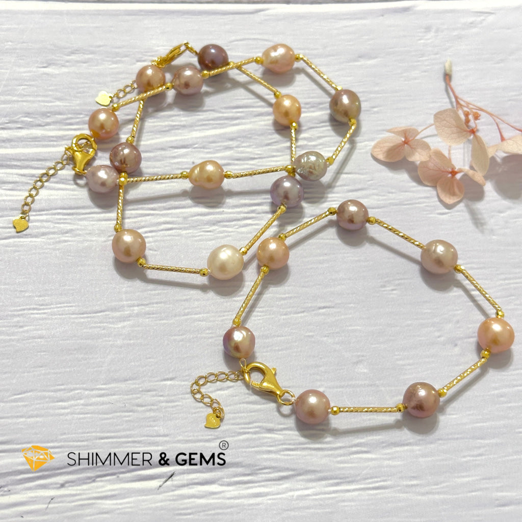 Freshwater Pearl 9-10mm Baroque Mixed Colour 925 Silver Gold Bracelet (adjustable) AAGrade