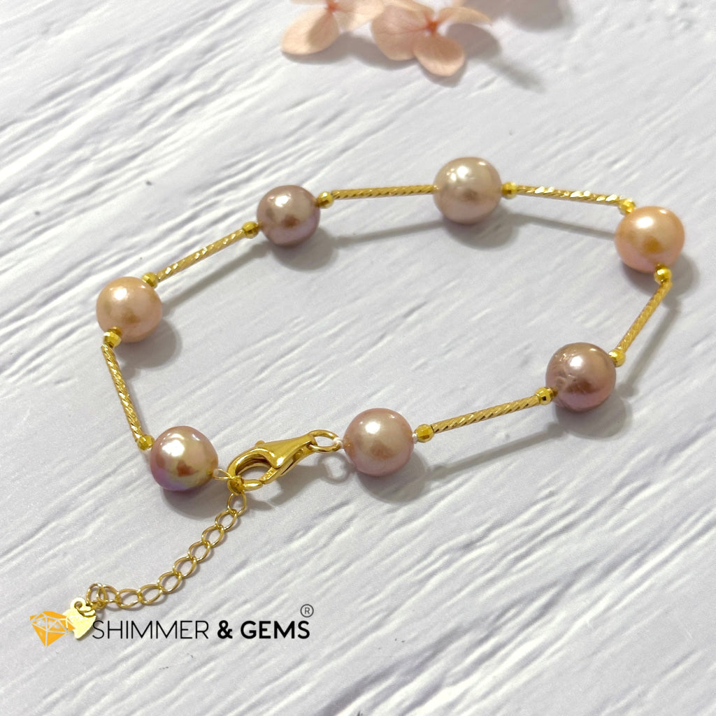 Freshwater Pearl 9-10mm Baroque Mixed Colour 925 Silver Gold Bracelet (adjustable) AAGrade