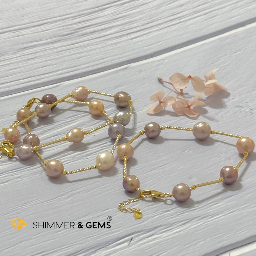 Freshwater Pearl 9-10mm Baroque Mixed Colour 925 Silver Gold Bracelet (adjustable) AAGrade