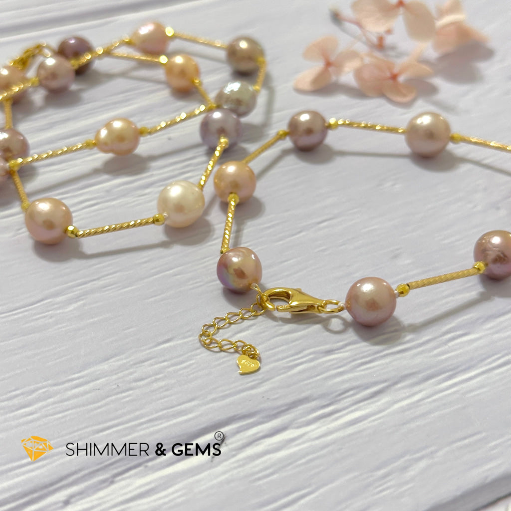 Freshwater Pearl 9-10mm Baroque Mixed Colour 925 Silver Gold Bracelet (adjustable) AAGrade