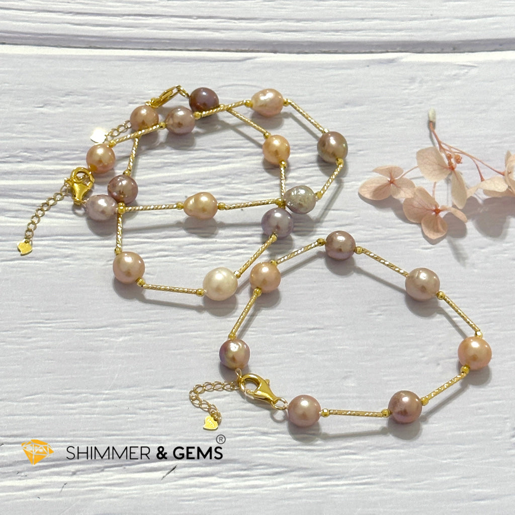 Freshwater Pearl 9-10mm Baroque Mixed Colour 925 Silver Gold Bracelet (adjustable) AAGrade