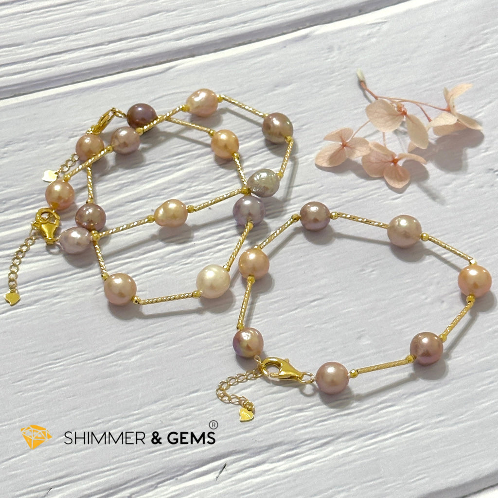 Freshwater Pearl 9-10mm Baroque Mixed Colour 925 Silver Gold Bracelet (adjustable) AAGrade