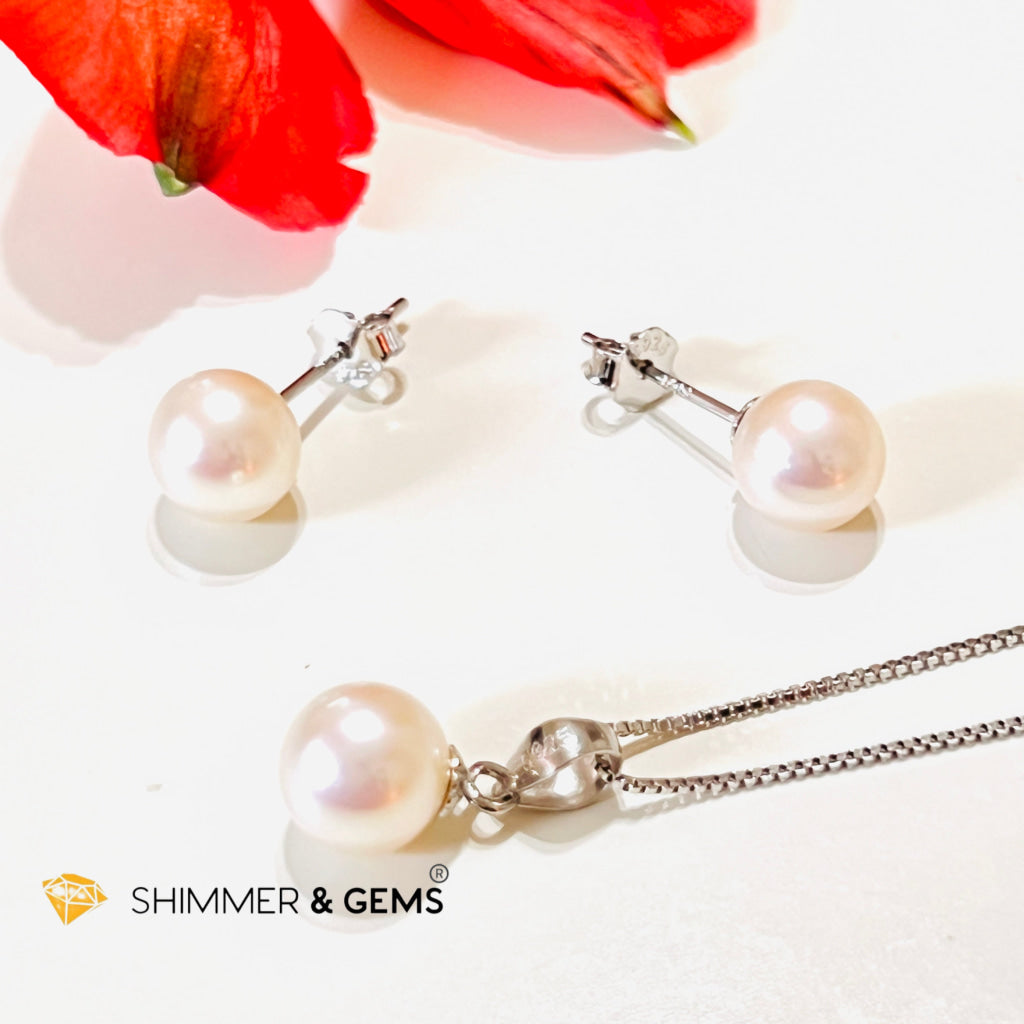 Freshwater Pearl Stud Earrings & Pendant With 925 Silver Chain Set