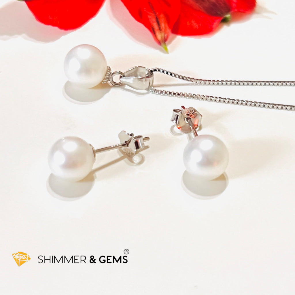 Freshwater Pearl Stud Earrings & Pendant With 925 Silver Chain Set
