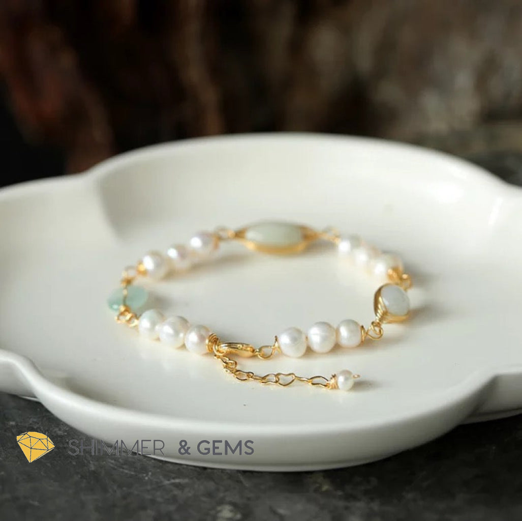Freshwater Pearls With Jade 925 Silver Gold Plating Bracelet Adjustable Size (5.5-7) Bracelets