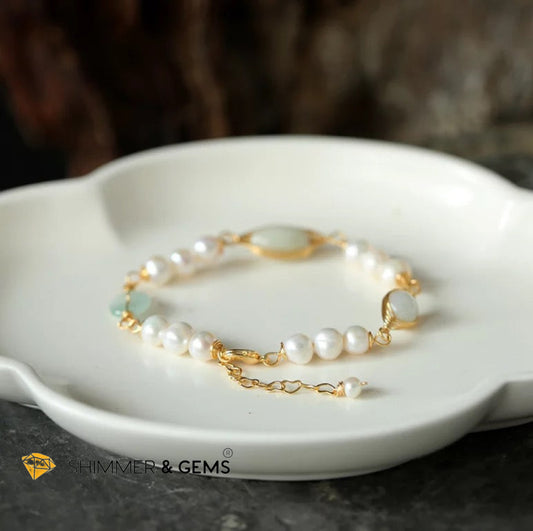 Freshwater Pearls With Jade 925 Silver Gold Plating Bracelet Bracelets