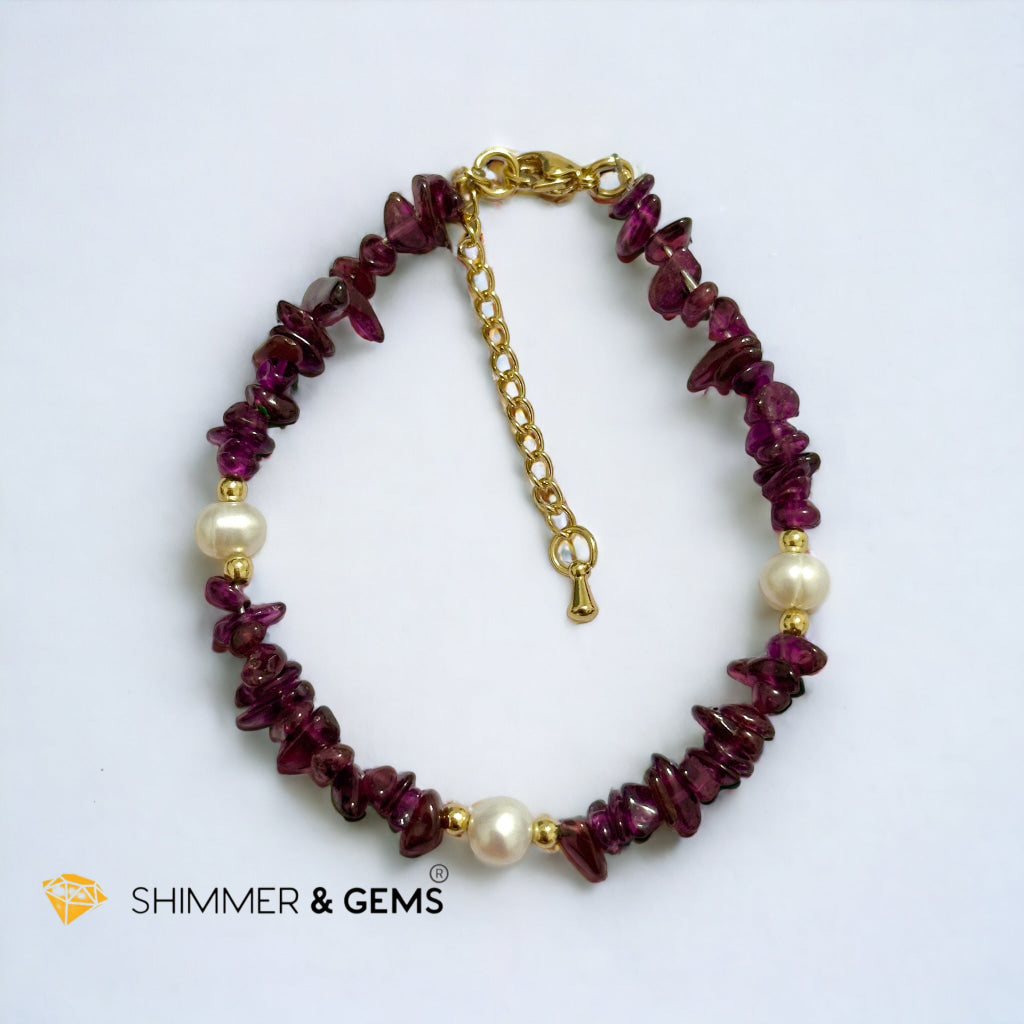 Garnet Chips & Freshwater Pearl 14k gold plated Stainless steel Chain Bracelet