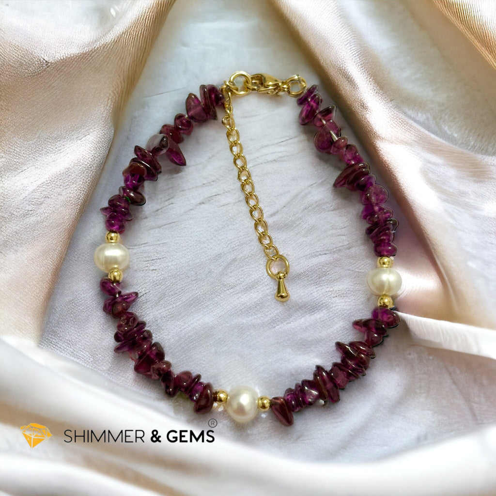 Garnet Chips & Freshwater Pearl 14k gold plated Stainless steel Chain Bracelet