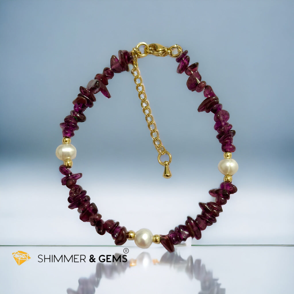 Garnet Chips & Freshwater Pearl 14k gold plated Stainless steel Chain Bracelet