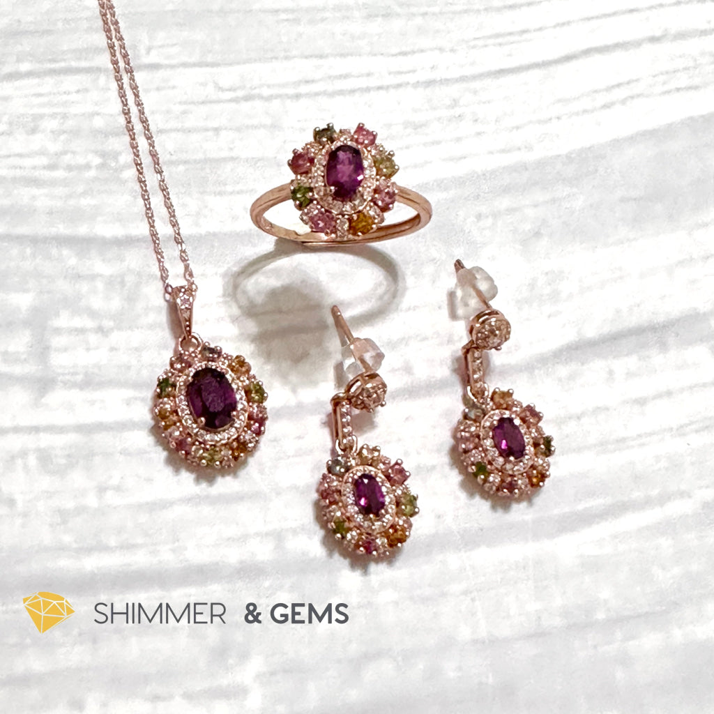 Garnet & Mixed Tourmaline Jewelry Set 925 Silver Rose Gold (Ring, Earrings, Necklace)
