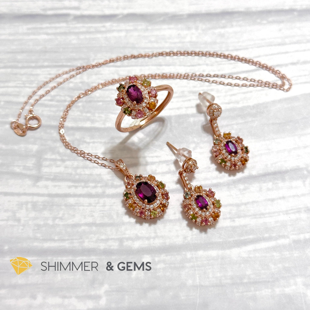 Garnet & Mixed Tourmaline Jewelry Set 925 Silver Rose Gold (Ring, Earrings, Necklace)