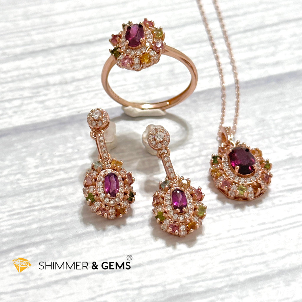 Garnet & Mixed Tourmaline Jewelry Set 925 Silver Rose Gold (Ring, Earrings, Necklace)