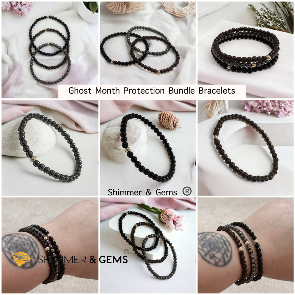 Ghost Month Protection Bundle Bracelets (4mm Onyx, Hematite & Smoky Quartz) with 14k gold filled @35% OFF