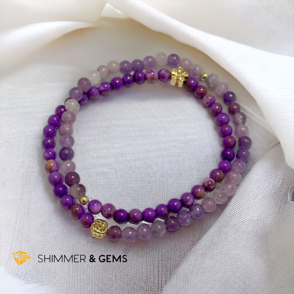 Goddess Athena Infinity Double Bracelet (Courage and Positivity) Purple Mica & Lepidolite 4mm with 14k Goldplated Copper Charms