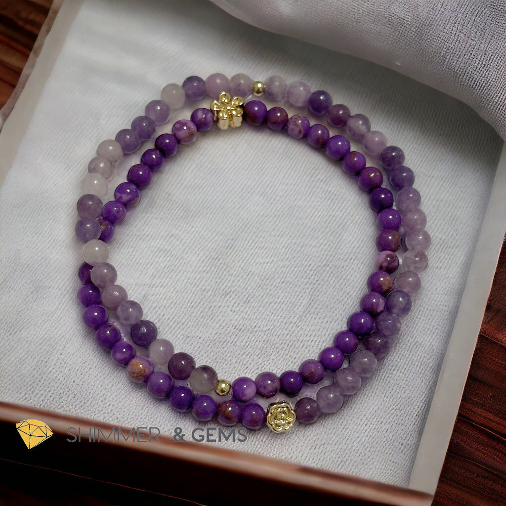 Goddess Athena Infinity Double Bracelet (Courage and Positivity) Purple Mica & Lepidolite 4mm with 14k Goldplated Copper Charms