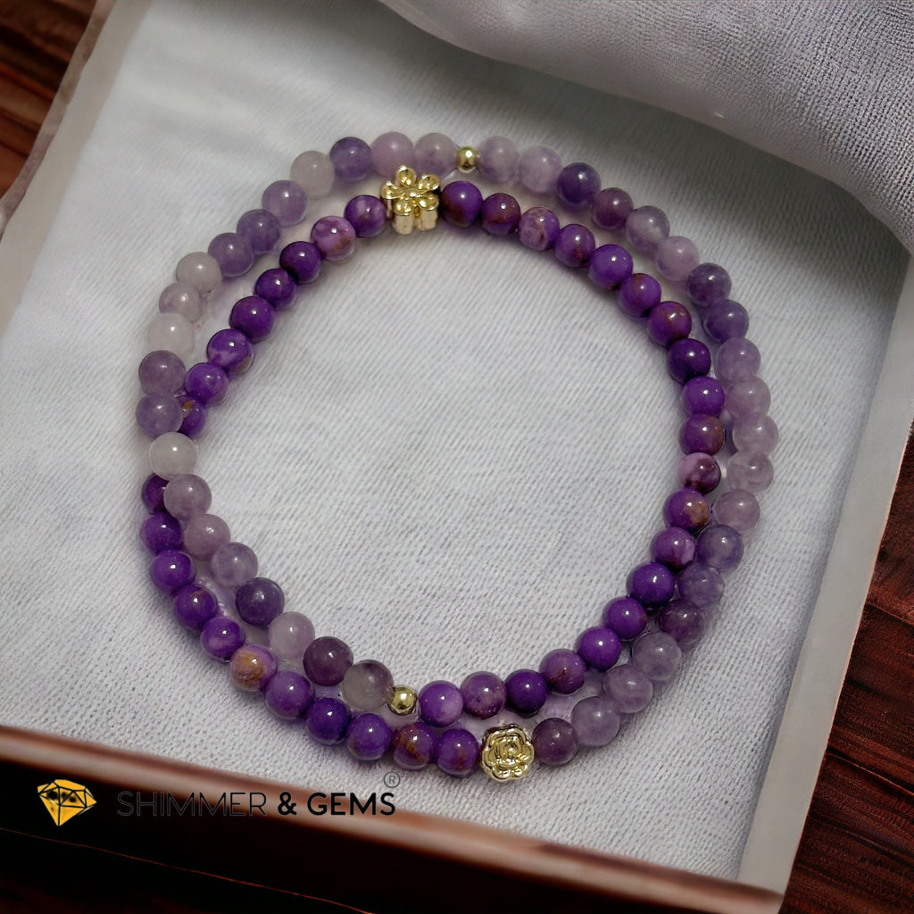 Goddess Athena Infinity Double Bracelet (Courage and Positivity) Purple Mica & Lepidolite 4mm with 14k Goldplated Copper Charms