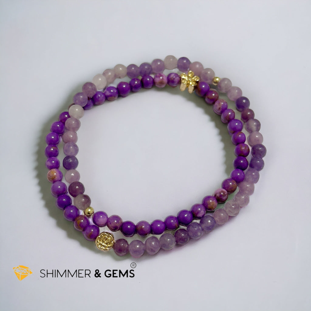 Goddess Athena Infinity Double Bracelet (Courage and Positivity) Purple Mica & Lepidolite 4mm with 14k Goldplated Copper Charms