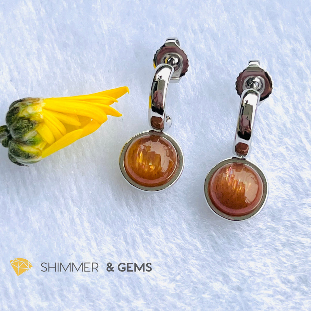 Gold Sunstone 8Mm Round Earrings (Dangling)