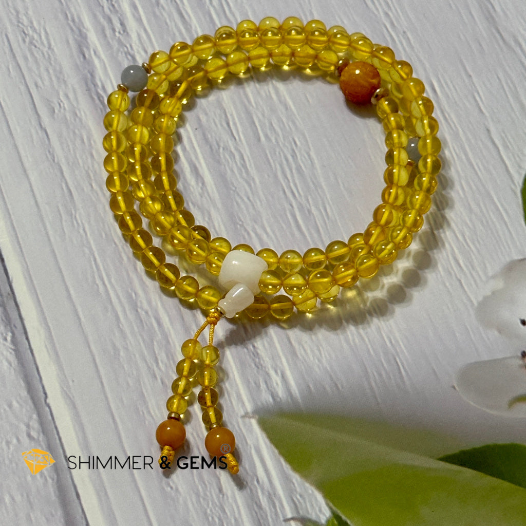 Golden Amber 108 Mala Beads Necklace (6mm)