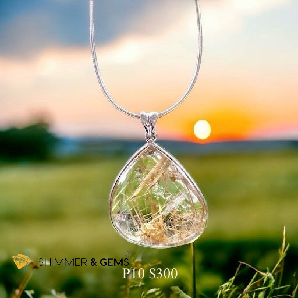 Golden Rutilated Clear Quartz 925 Silver Pendant (AAA Grade)