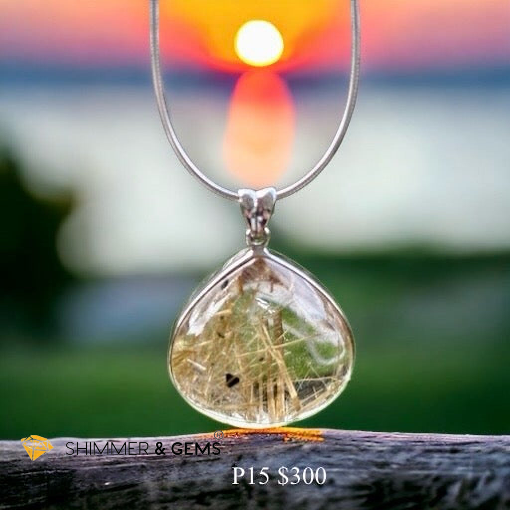 Golden Rutilated Clear Quartz 925 Silver Pendant (AAA Grade)