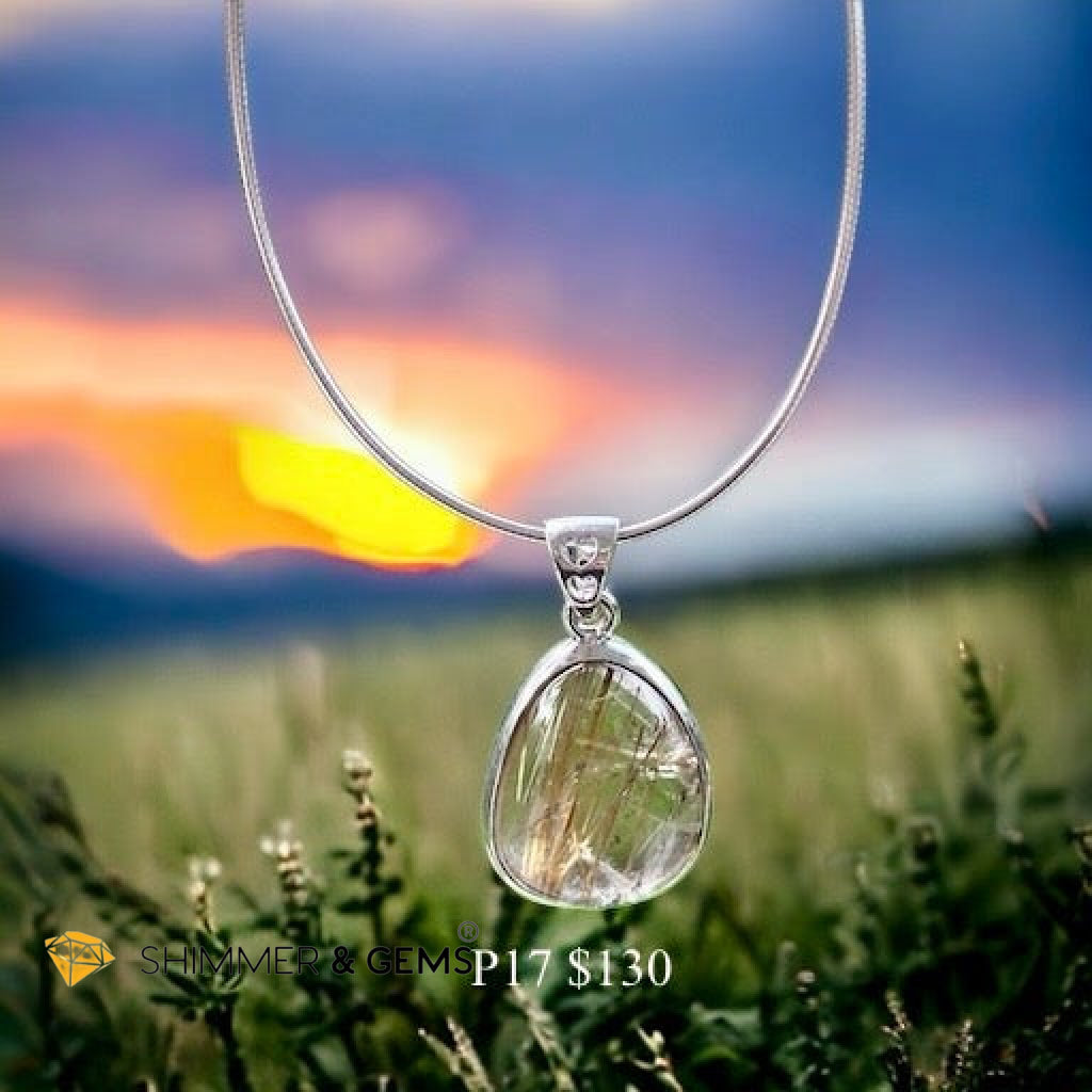 Golden Rutilated Clear Quartz 925 Silver Pendant (AAA Grade)