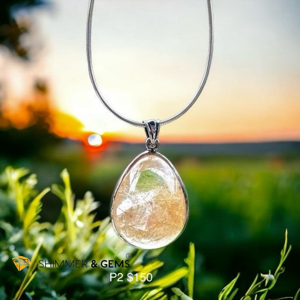 Golden Rutilated Clear Quartz 925 Silver Pendant (AAA Grade)