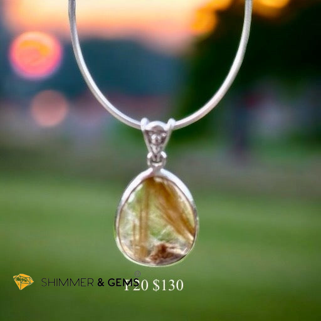 Golden Rutilated Clear Quartz 925 Silver Pendant (AAA Grade)