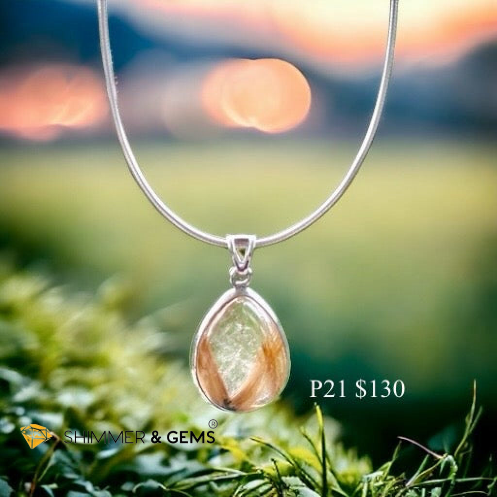 Golden Rutilated Clear Quartz 925 Silver Pendant (AAA Grade)
