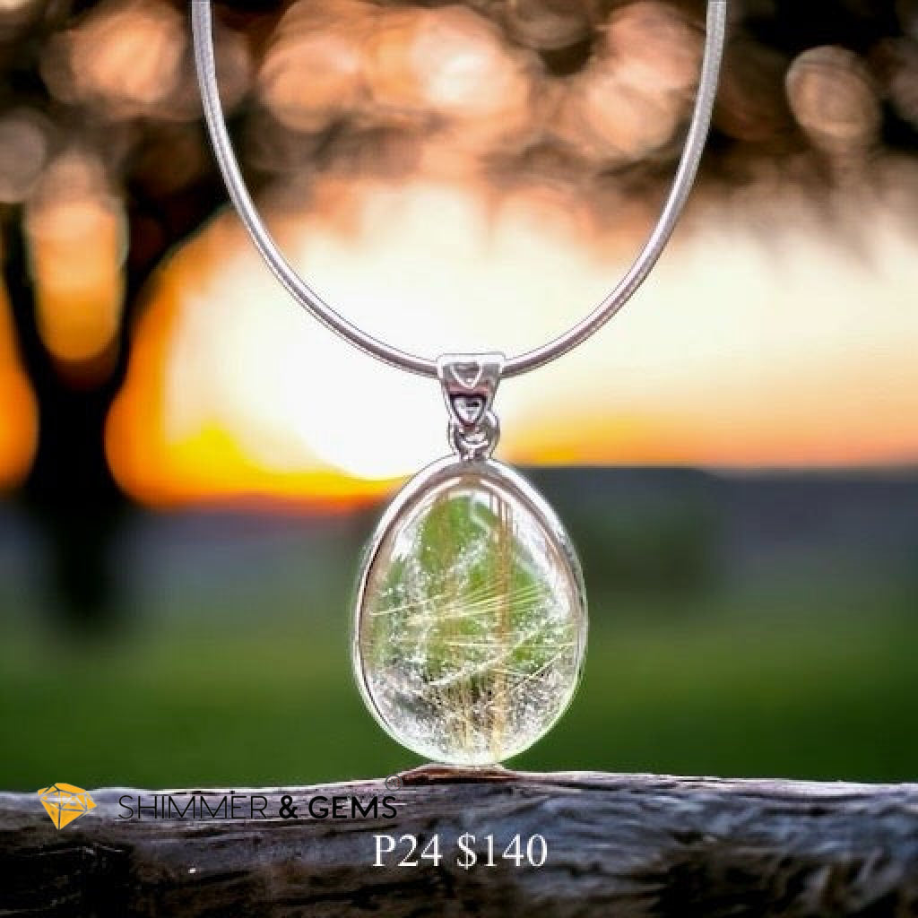 Golden Rutilated Clear Quartz 925 Silver Pendant (AAA Grade)