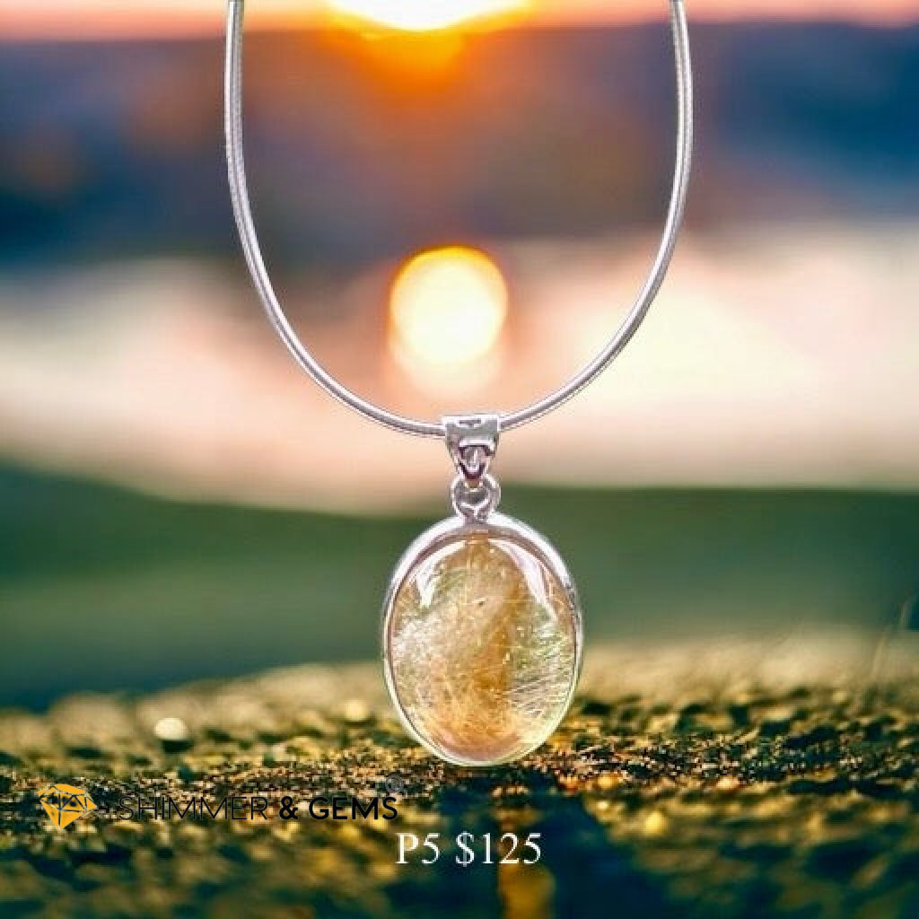 Golden Rutilated Clear Quartz 925 Silver Pendant (AAA Grade)